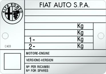 ALFA ROMEO - FIAT AUTO S.P.A. gyártási lemez
