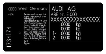 AUDI West Germany 2  típustábla