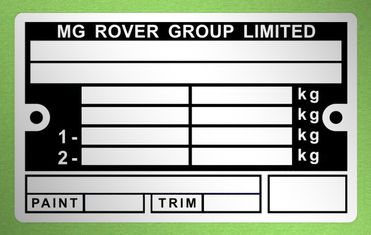 MG ROVER GROUP LIMITED gyártási lemez