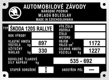 Škoda 120 S rallye típustábla