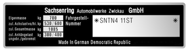 Trabant Sachsenring gyártási lemez