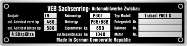 Trabant P601 gyártási lemez